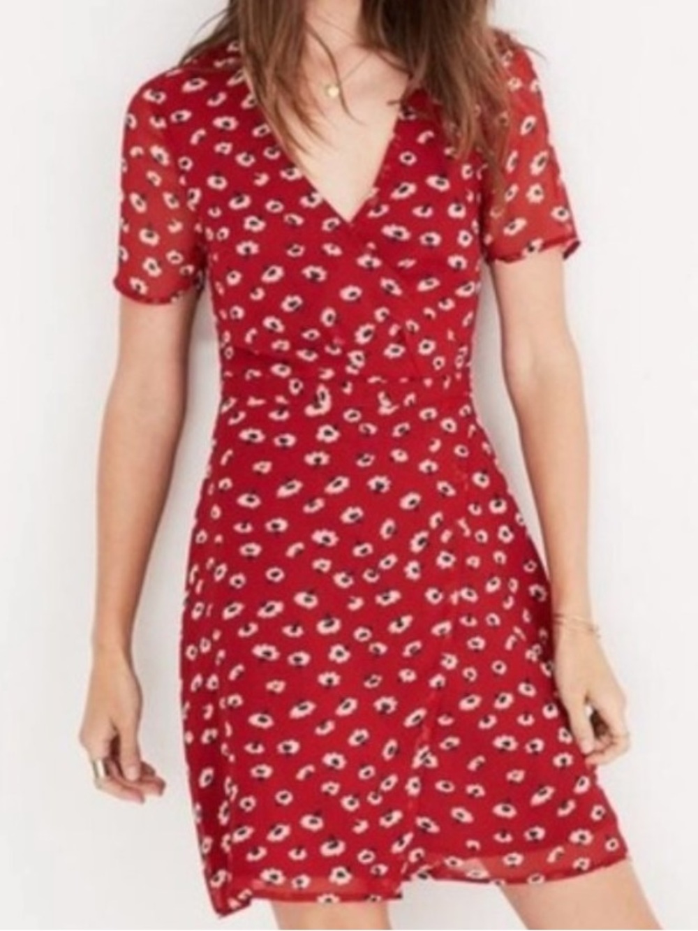 Madewell red floral wrap style mini dress size 2